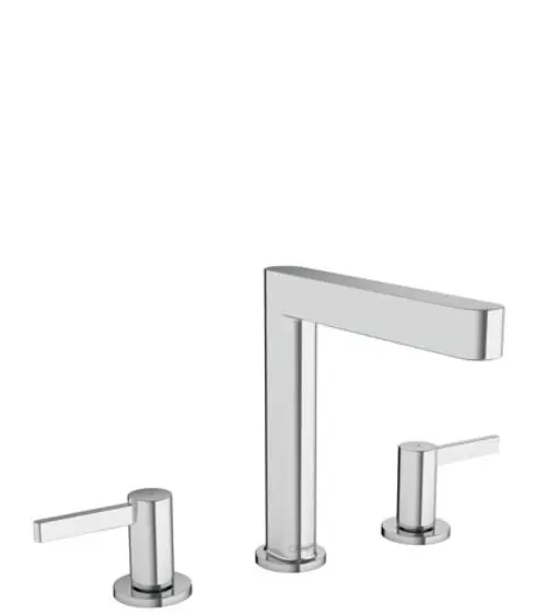 Waschtischarmatur von Hansgrohe, bestehend aus einem mittleren Wasserhahn und zwei seitlichen Bedienhebeln, alles in Chrom.